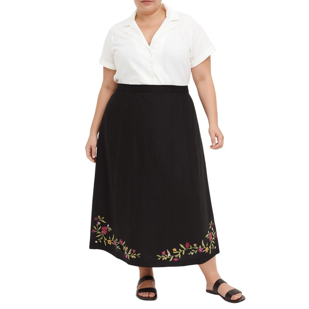 Jessica London Maxi Skirt Linen Blend Slits Floral Embroidery Size 20W NWOT